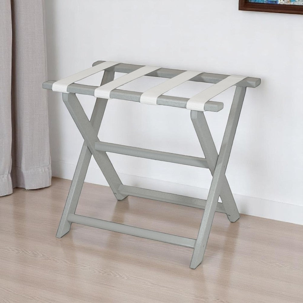 Earth Friendly Light Gray Folding Luggage Rack With White Straps-Luggage Racks-DECOROLALA