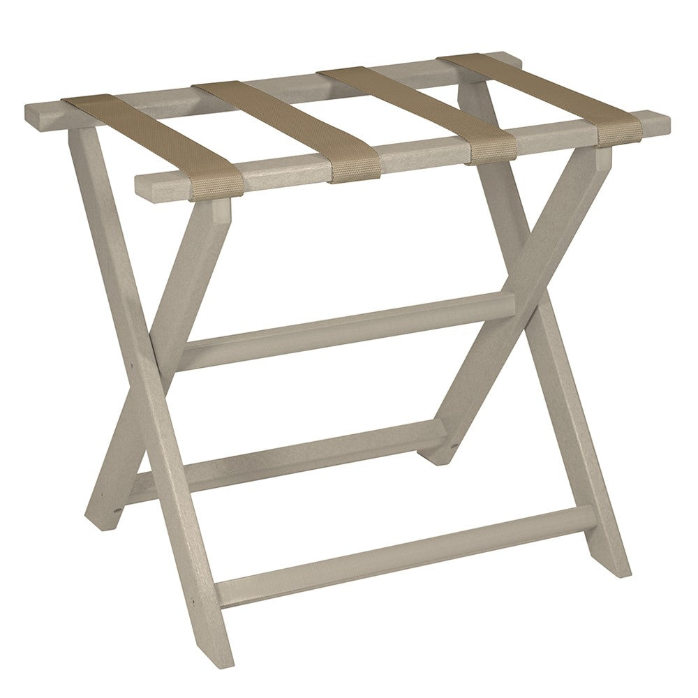 Earth Friendly Taupe Folding Luggage Rack With Dark Tan Straps-Luggage Racks-DECOROLALA