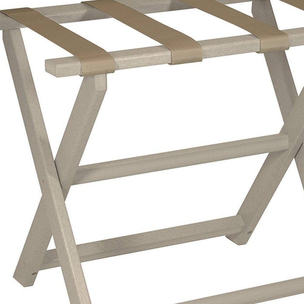 Earth Friendly Taupe Folding Luggage Rack With Dark Tan Straps-Luggage Racks-DECOROLALA