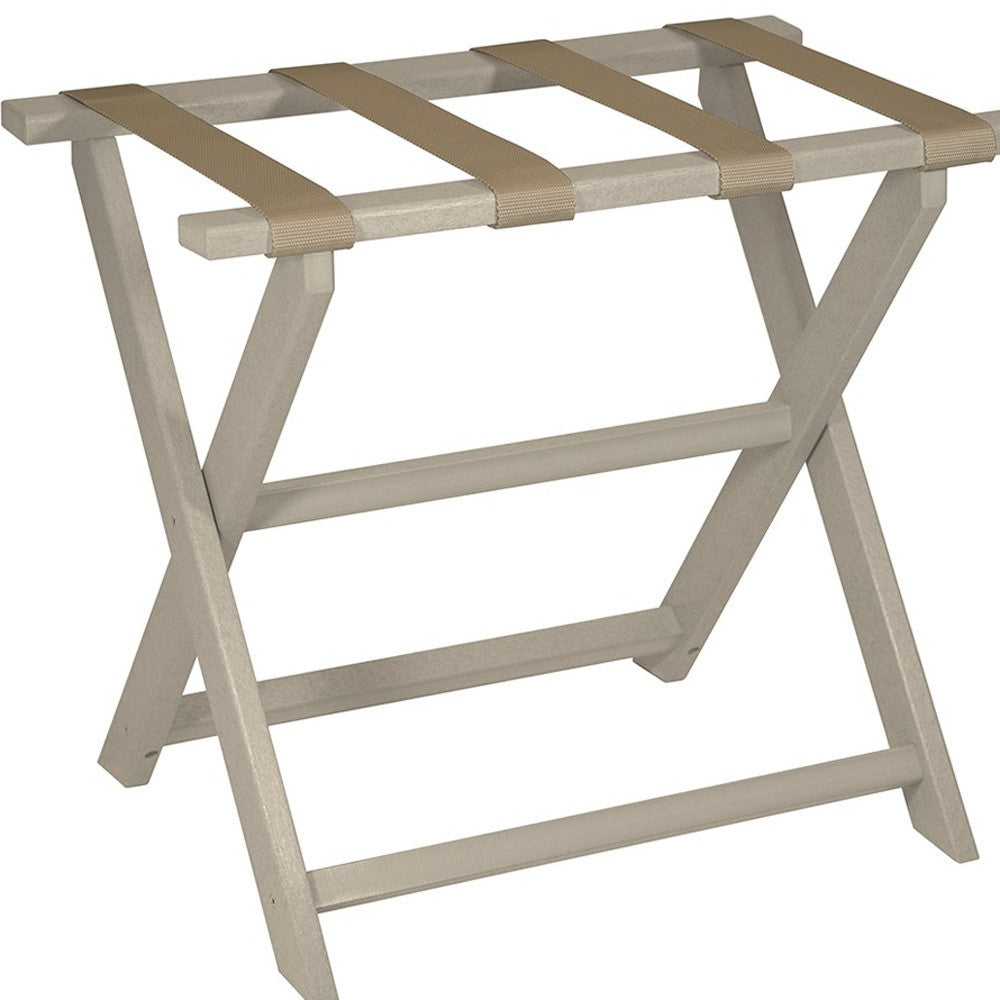 Earth Friendly Taupe Folding Luggage Rack With Dark Tan Straps-Luggage Racks-DECOROLALA