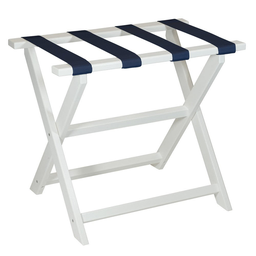 Earth Friendly White Folding Luggage Rack With Navy Straps-Luggage Racks-DECOROLALA