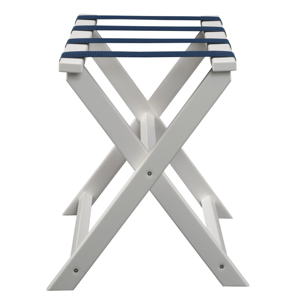 Earth Friendly White Folding Luggage Rack With Navy Straps-Luggage Racks-DECOROLALA