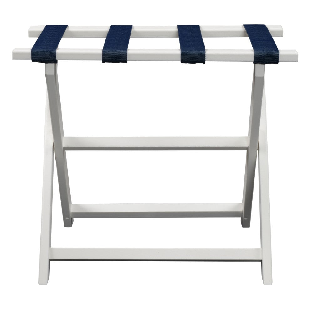 Earth Friendly White Folding Luggage Rack With Navy Straps-Luggage Racks-DECOROLALA