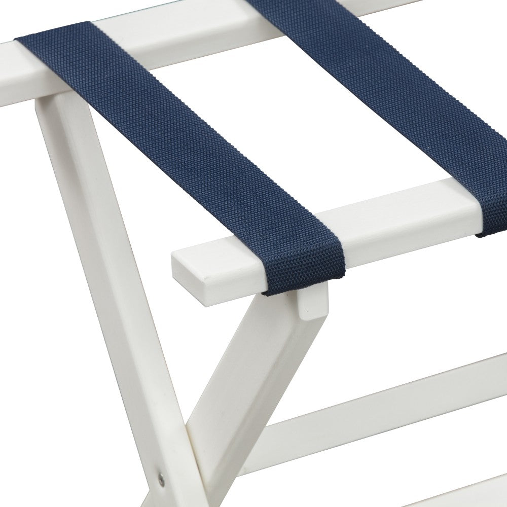 Earth Friendly White Folding Luggage Rack With Navy Straps-Luggage Racks-DECOROLALA