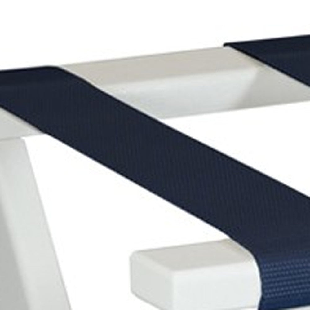Earth Friendly White Folding Luggage Rack With Navy Straps-Luggage Racks-DECOROLALA