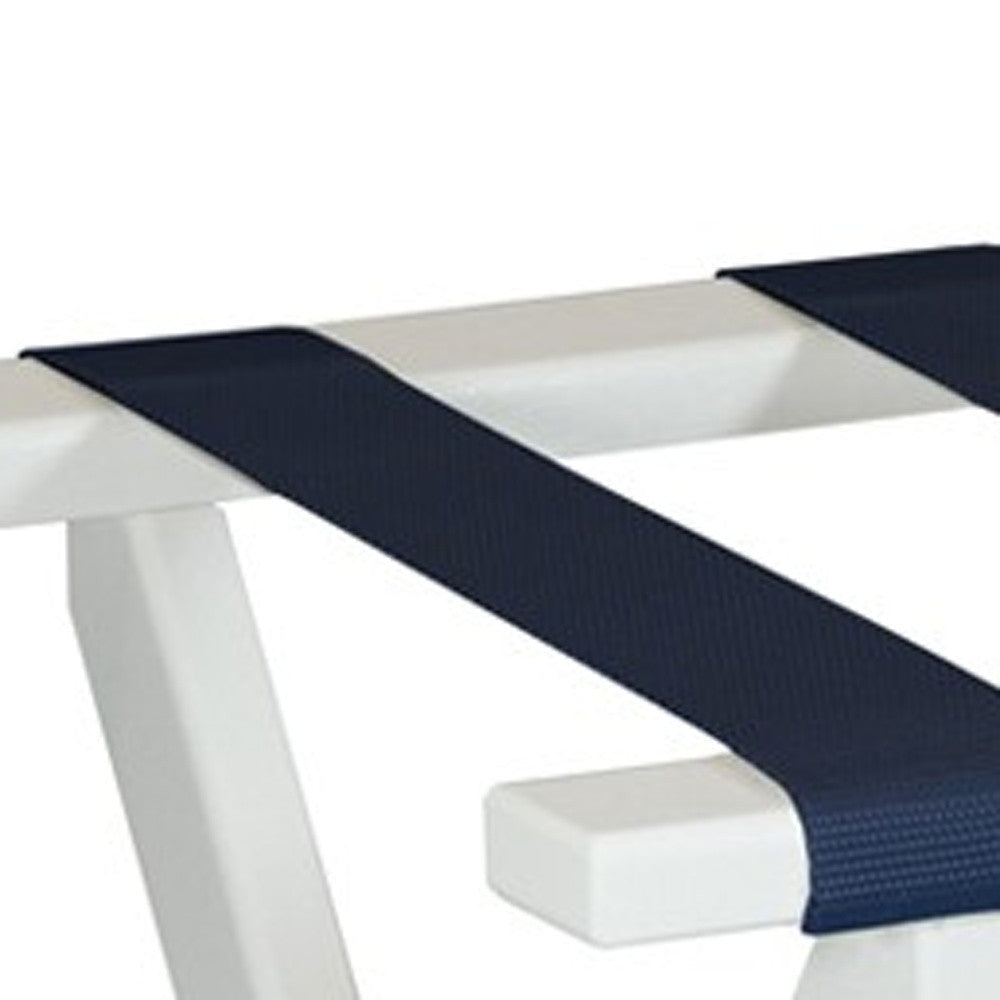 Earth Friendly White Folding Luggage Rack With Navy Straps-Luggage Racks-DECOROLALA