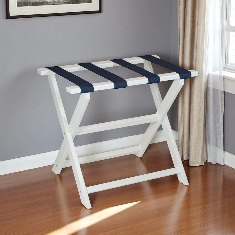 Earth Friendly White Folding Luggage Rack With Navy Straps-Luggage Racks-DECOROLALA