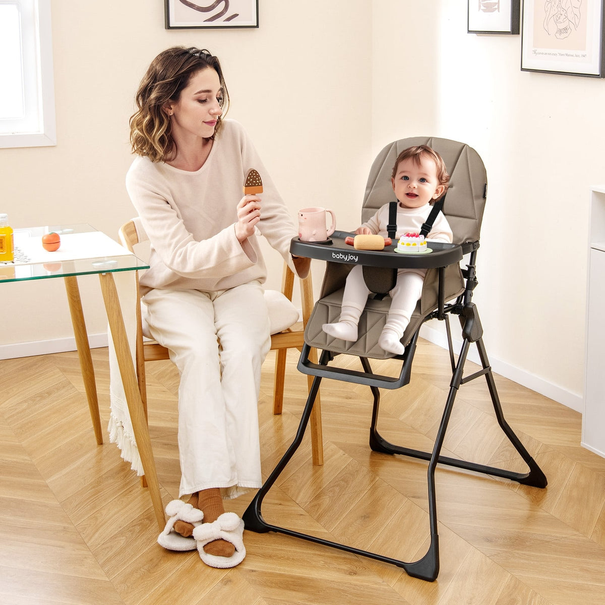 Easy Clean Compact Highchair with Removable Adjustable Tray and PU Seat Cushion-Brown-High Chairs-DECOROLALA