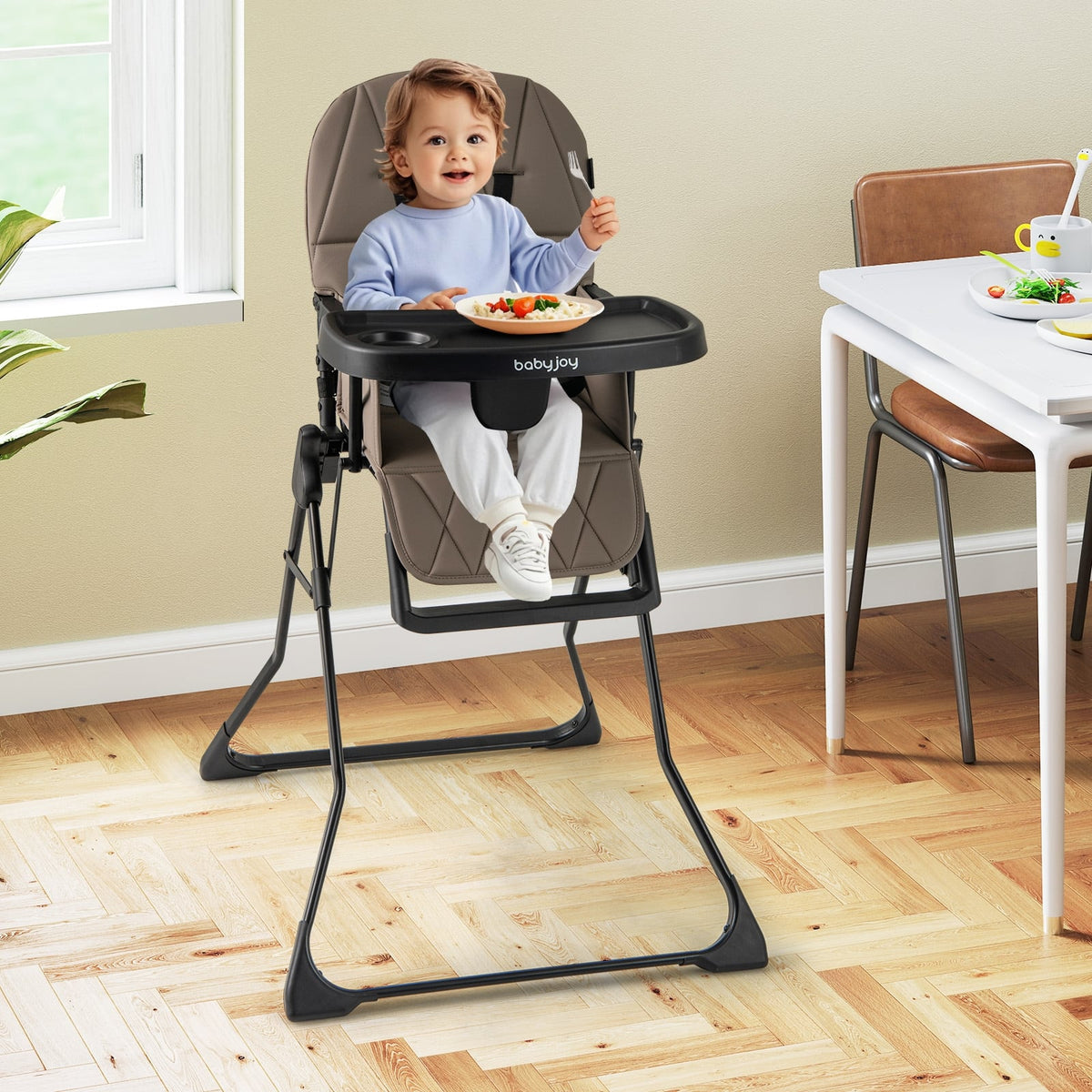 Easy Clean Compact Highchair with Removable Adjustable Tray and PU Seat Cushion-Brown-High Chairs-DECOROLALA