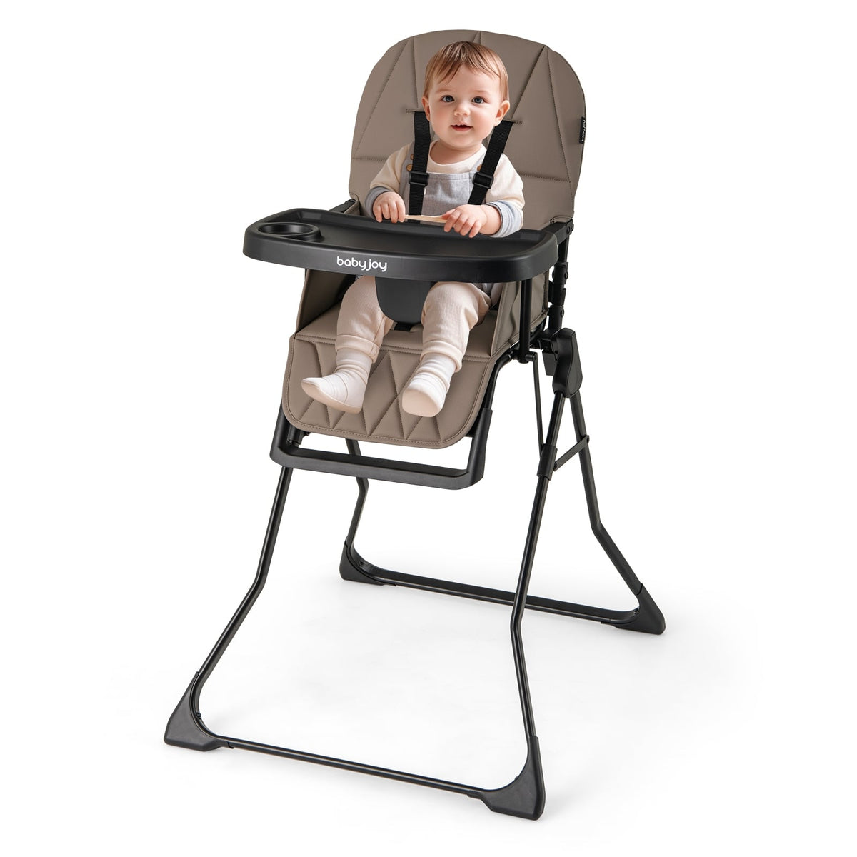 Easy Clean Compact Highchair with Removable Adjustable Tray and PU Seat Cushion-Brown-High Chairs-DECOROLALA