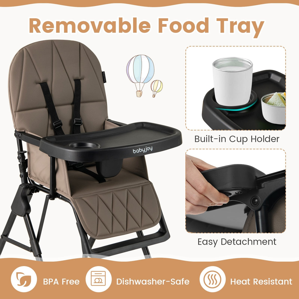 Easy Clean Compact Highchair with Removable Adjustable Tray and PU Seat Cushion-Brown-High Chairs-DECOROLALA