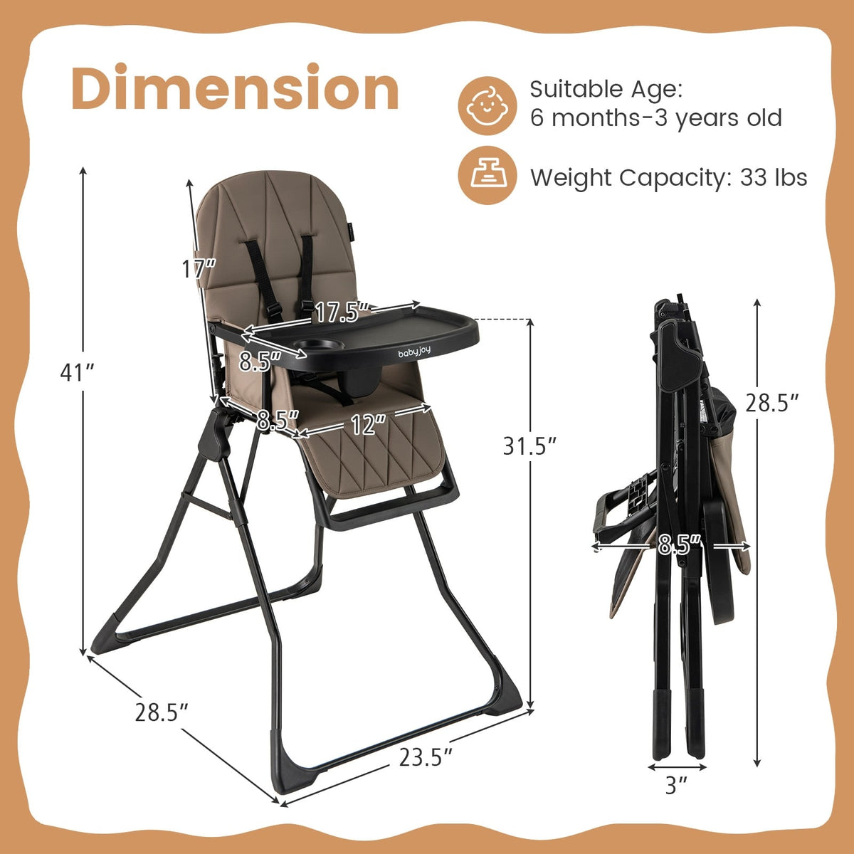 Easy Clean Compact Highchair with Removable Adjustable Tray and PU Seat Cushion-Brown-High Chairs-DECOROLALA