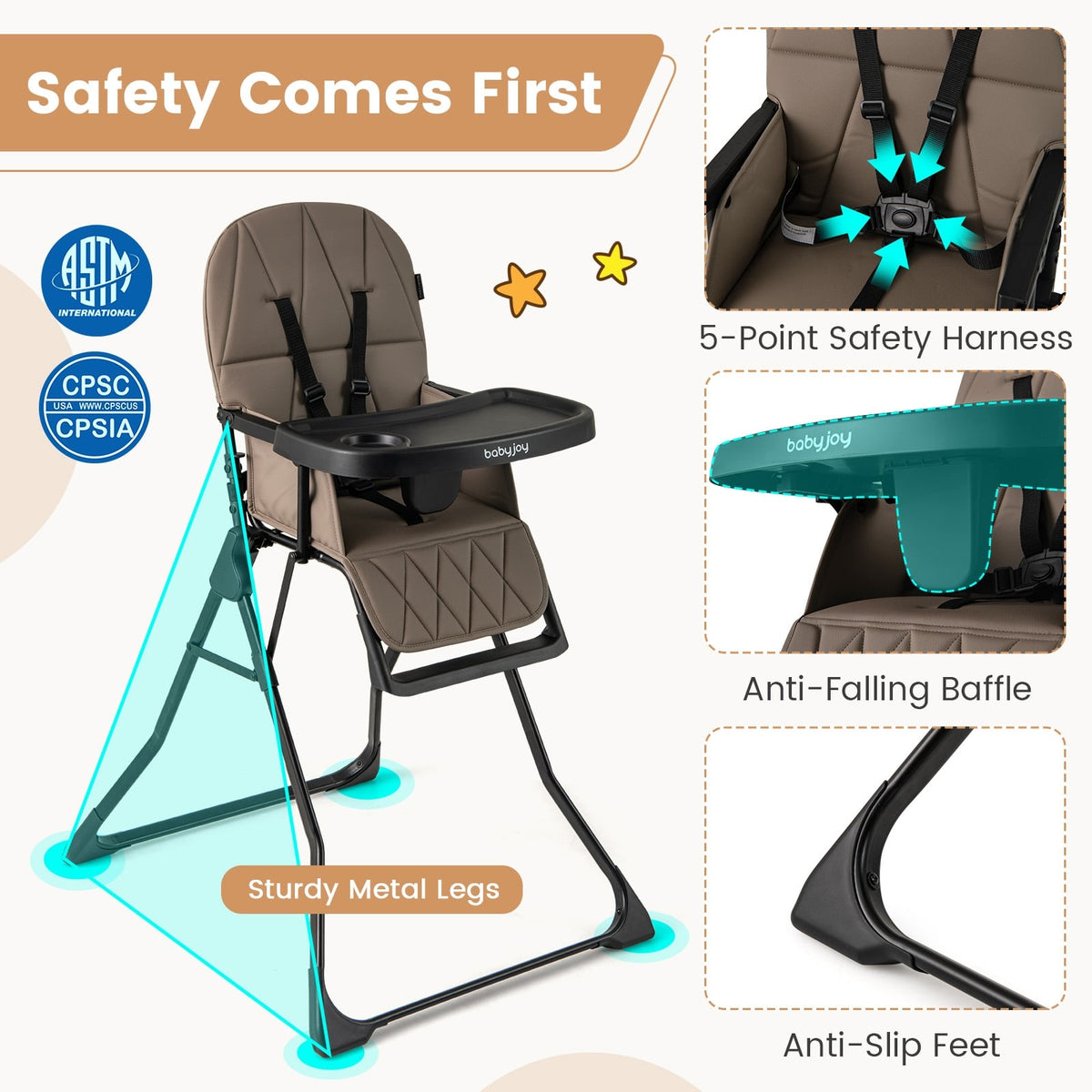 Easy Clean Compact Highchair with Removable Adjustable Tray and PU Seat Cushion-Brown-High Chairs-DECOROLALA