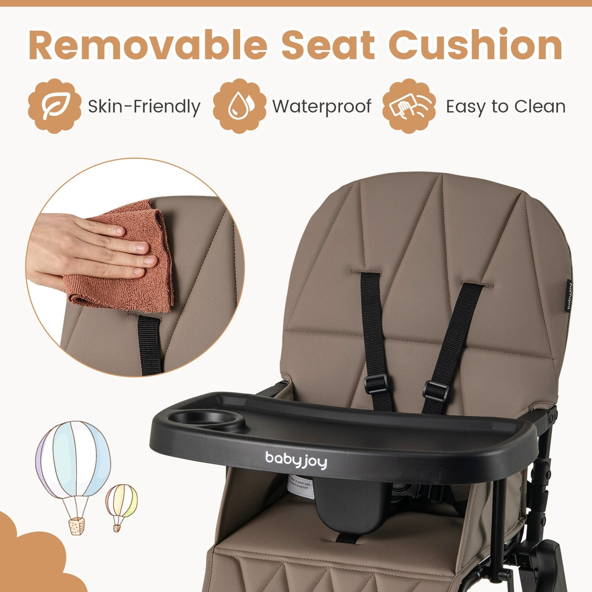 Easy Clean Compact Highchair with Removable Adjustable Tray and PU Seat Cushion-Brown-High Chairs-DECOROLALA