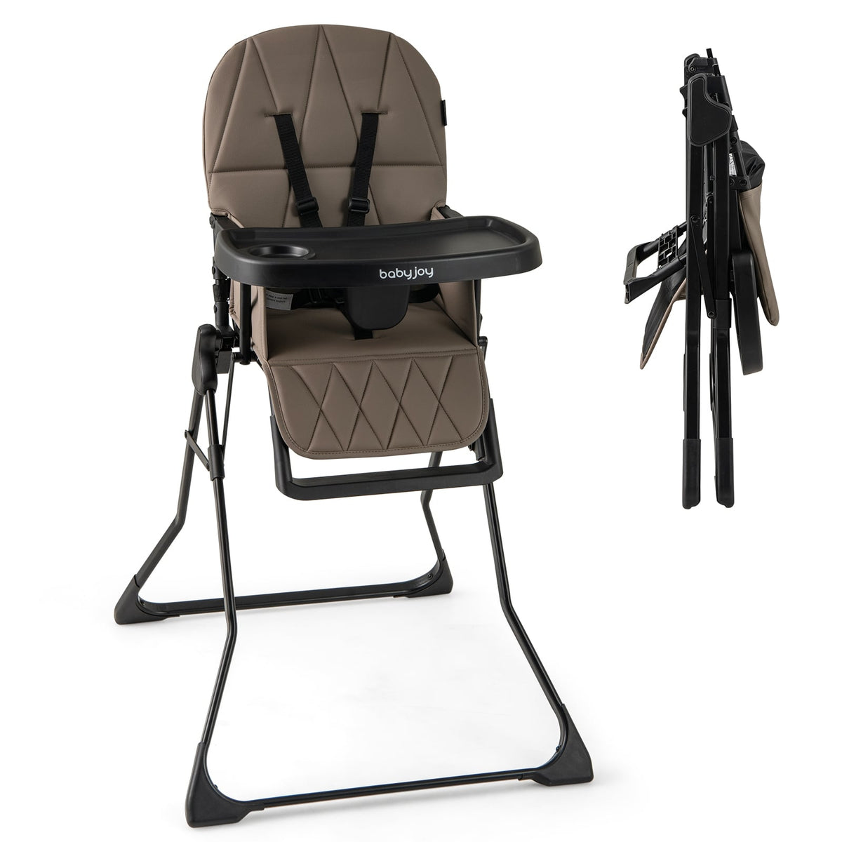 Easy Clean Compact Highchair with Removable Adjustable Tray and PU Seat Cushion-Brown-High Chairs-DECOROLALA