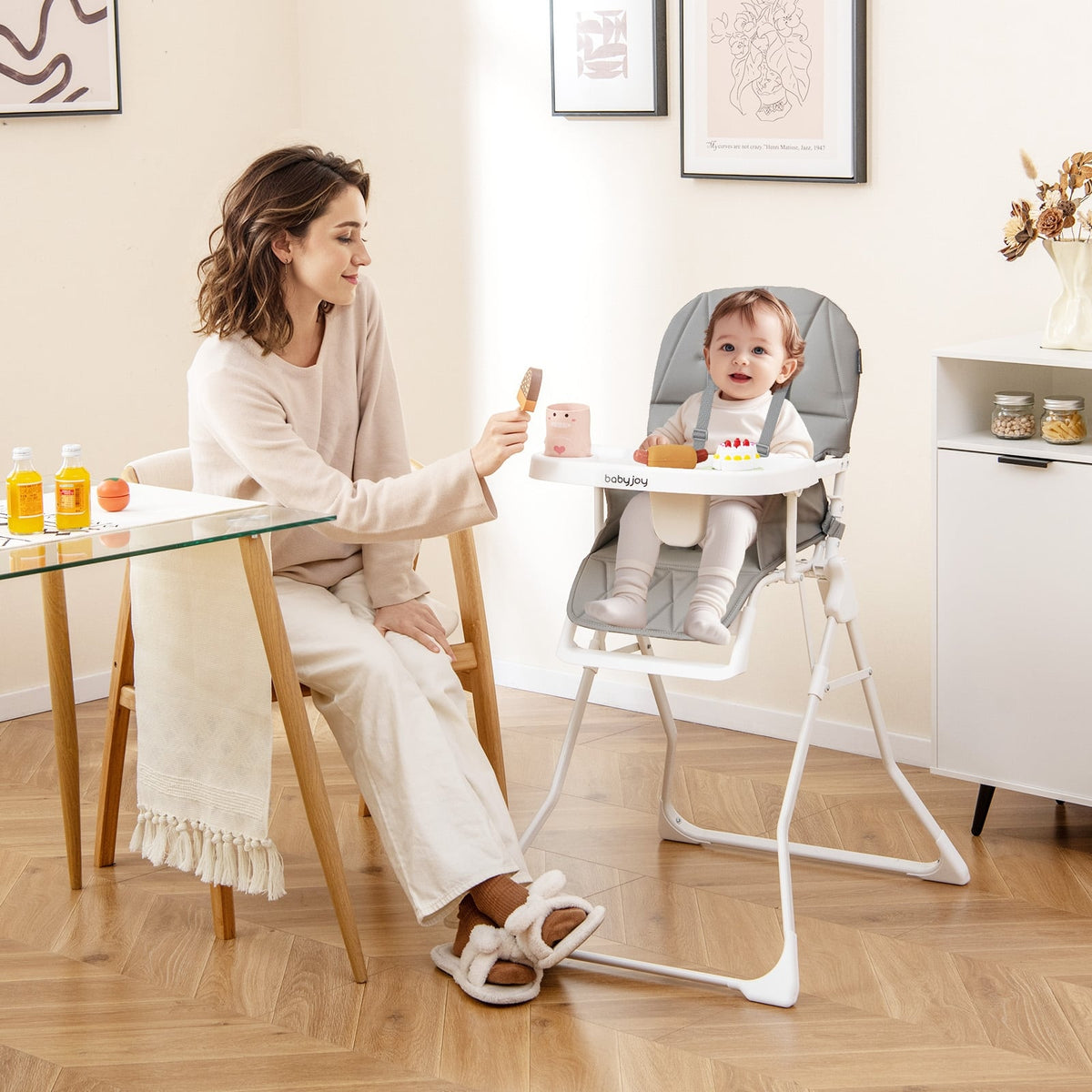 Easy Clean Compact Highchair with Removable Adjustable Tray and PU Seat Cushion-Gray-High Chairs-DECOROLALA