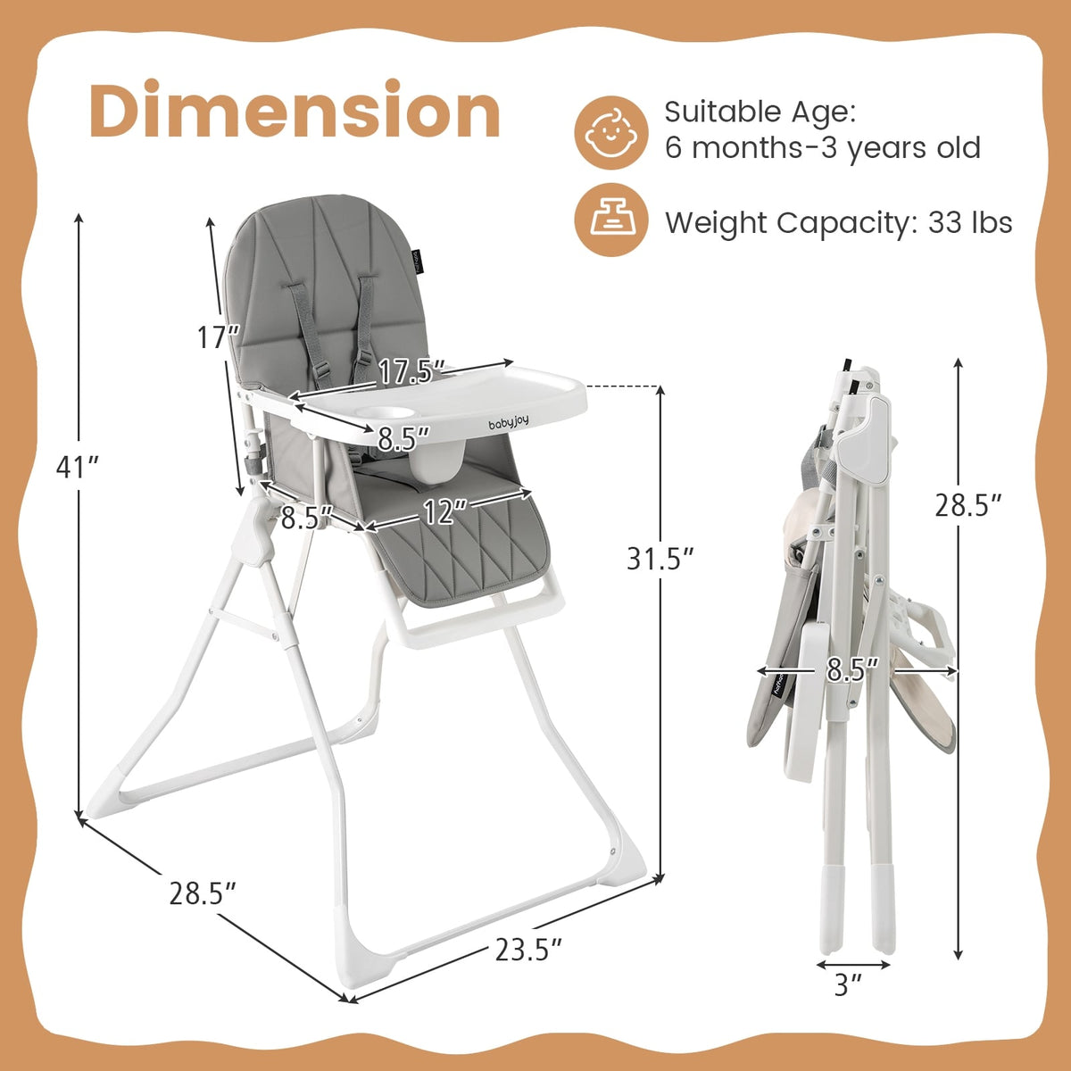 Easy Clean Compact Highchair with Removable Adjustable Tray and PU Seat Cushion-Gray-High Chairs-DECOROLALA