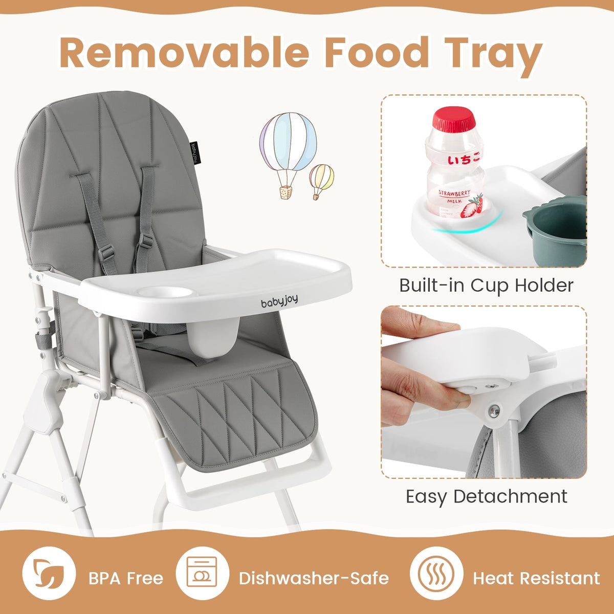 Easy Clean Compact Highchair with Removable Adjustable Tray and PU Seat Cushion-Gray-High Chairs-DECOROLALA