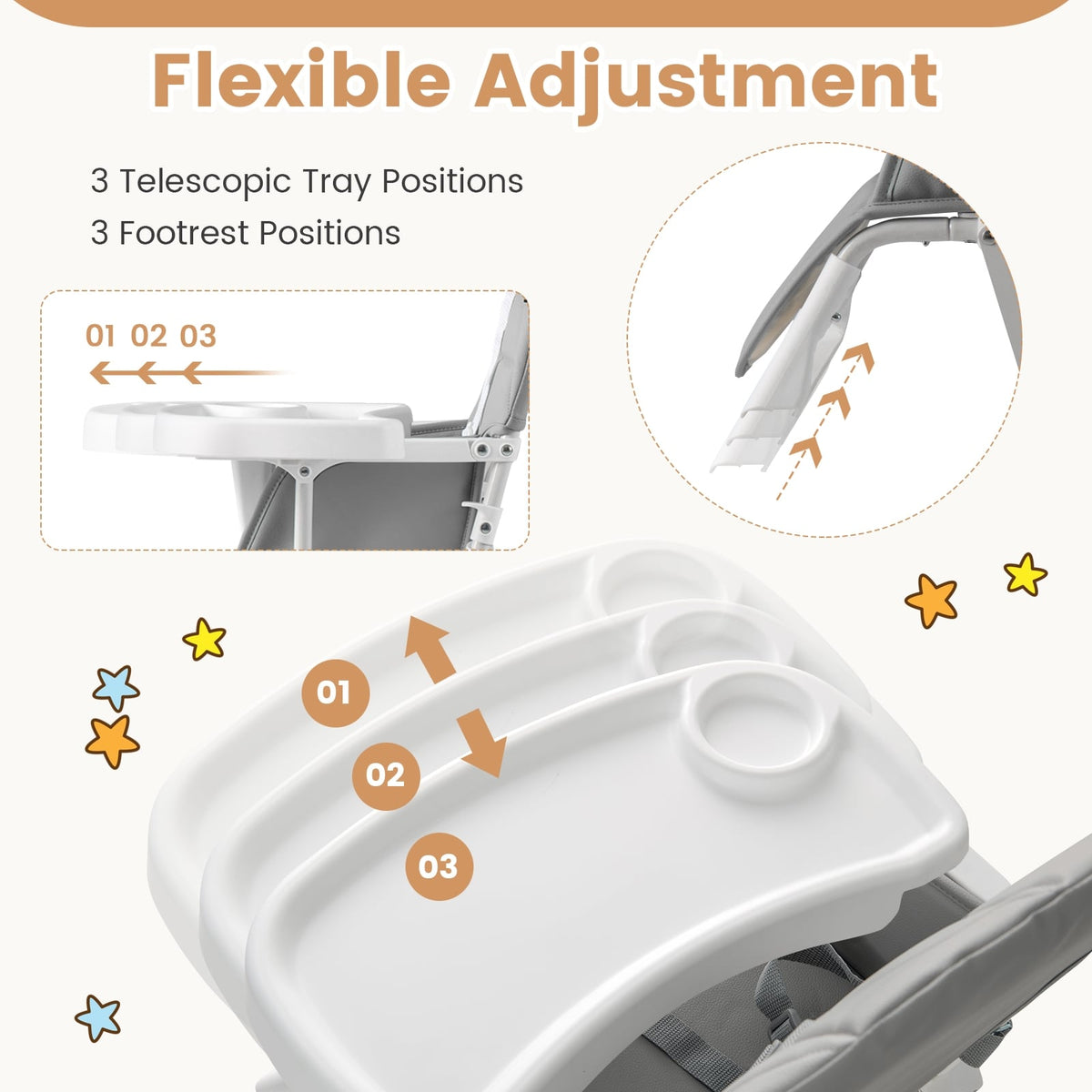 Easy Clean Compact Highchair with Removable Adjustable Tray and PU Seat Cushion-Gray-High Chairs-DECOROLALA