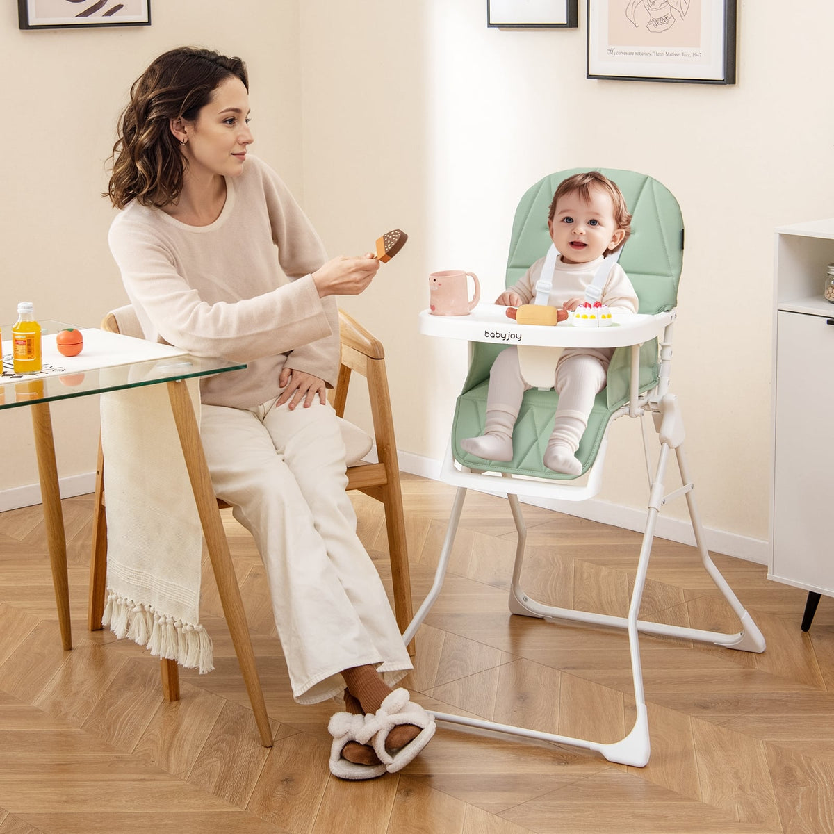 Easy Clean Compact Highchair with Removable Adjustable Tray and PU Seat Cushion-Green-High Chairs-DECOROLALA