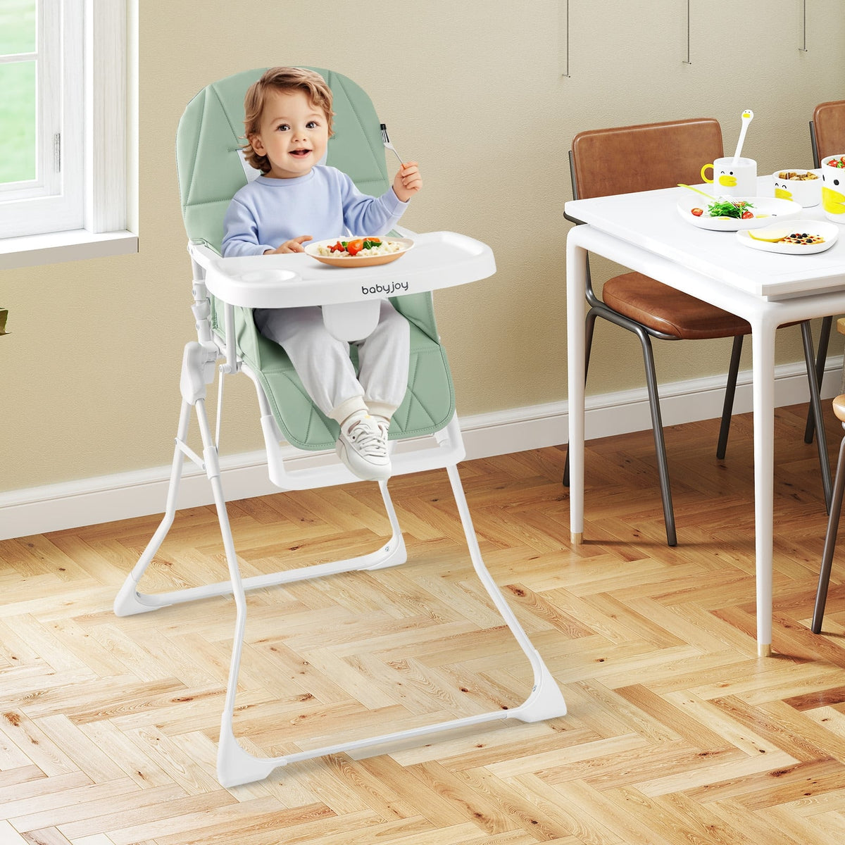 Easy Clean Compact Highchair with Removable Adjustable Tray and PU Seat Cushion-Green-High Chairs-DECOROLALA