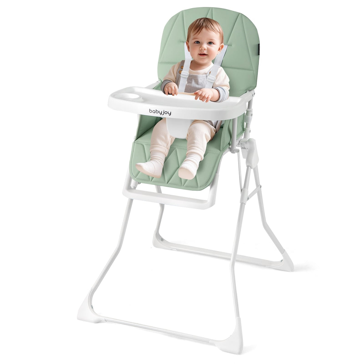 Easy Clean Compact Highchair with Removable Adjustable Tray and PU Seat Cushion-Green-High Chairs-DECOROLALA