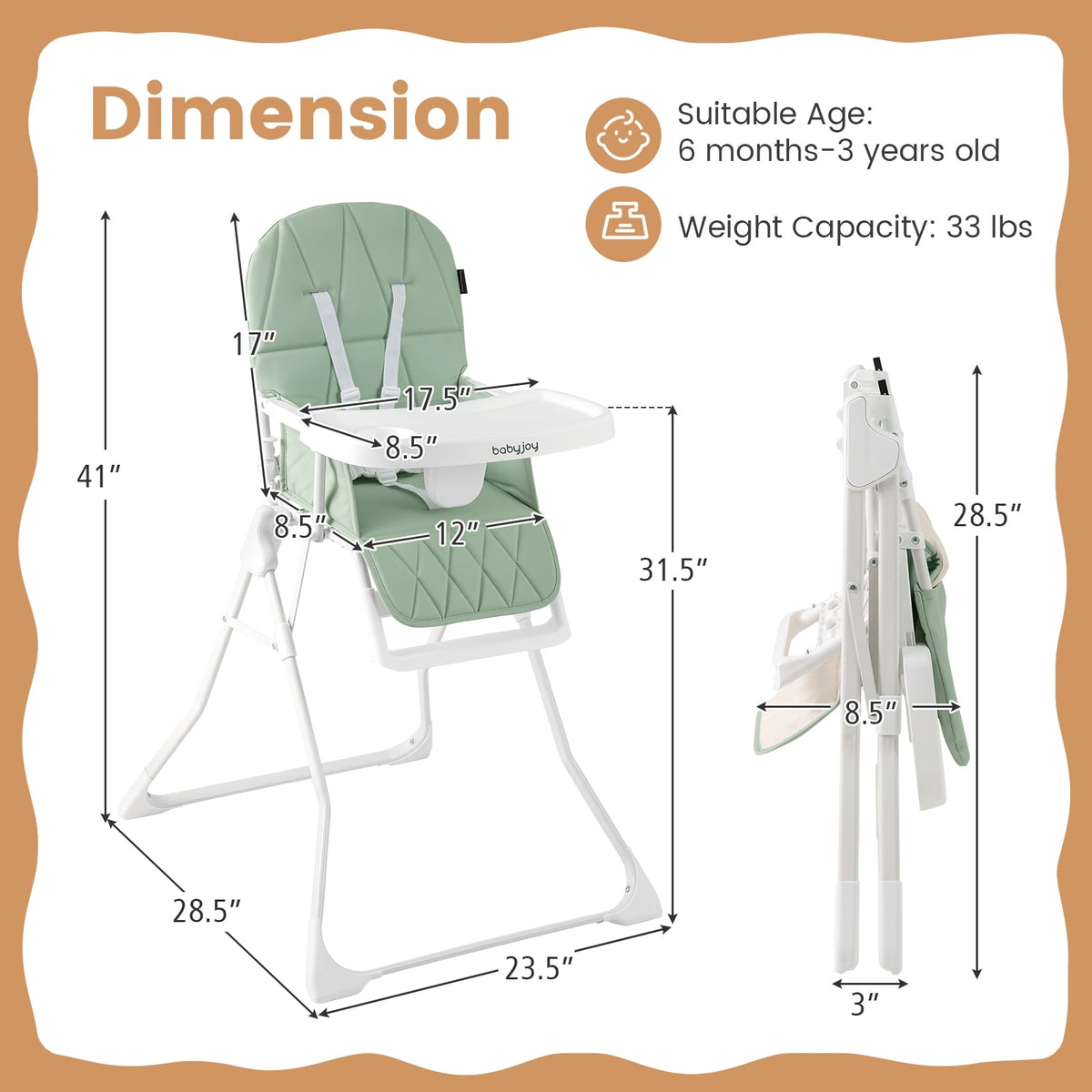Easy Clean Compact Highchair with Removable Adjustable Tray and PU Seat Cushion-Green-High Chairs-DECOROLALA