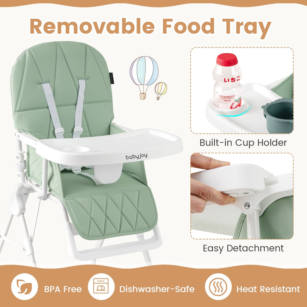 Easy Clean Compact Highchair with Removable Adjustable Tray and PU Seat Cushion-Green-High Chairs-DECOROLALA