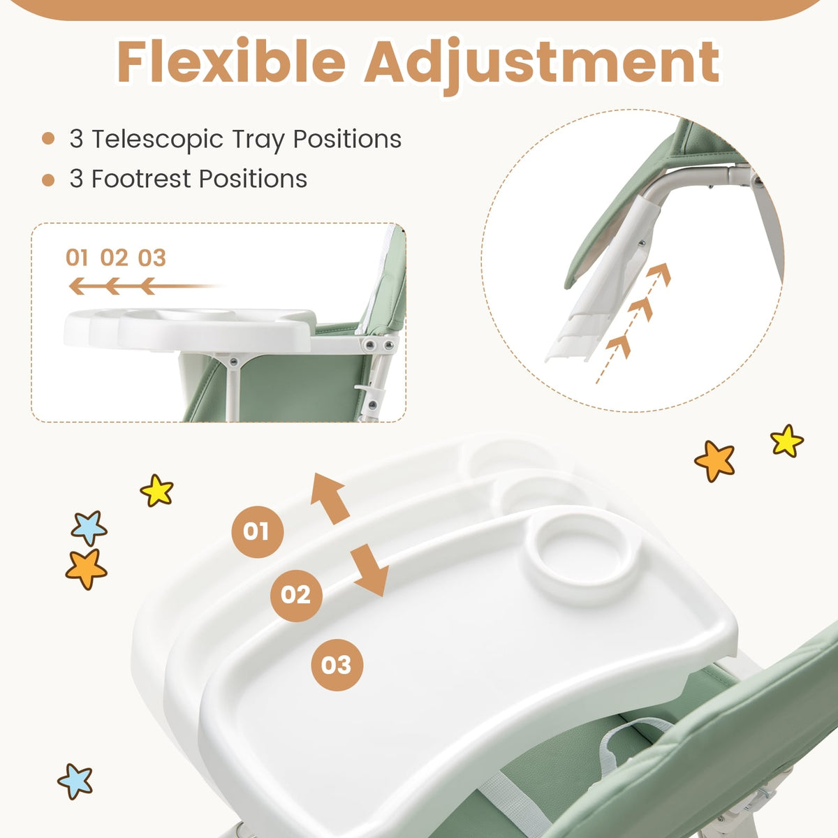 Easy Clean Compact Highchair with Removable Adjustable Tray and PU Seat Cushion-Green-High Chairs-DECOROLALA