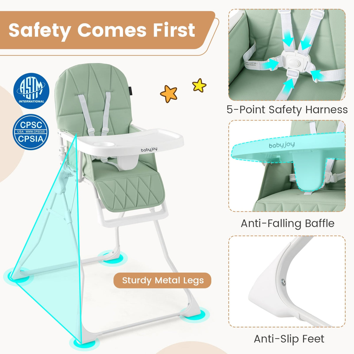 Easy Clean Compact Highchair with Removable Adjustable Tray and PU Seat Cushion-Green-High Chairs-DECOROLALA