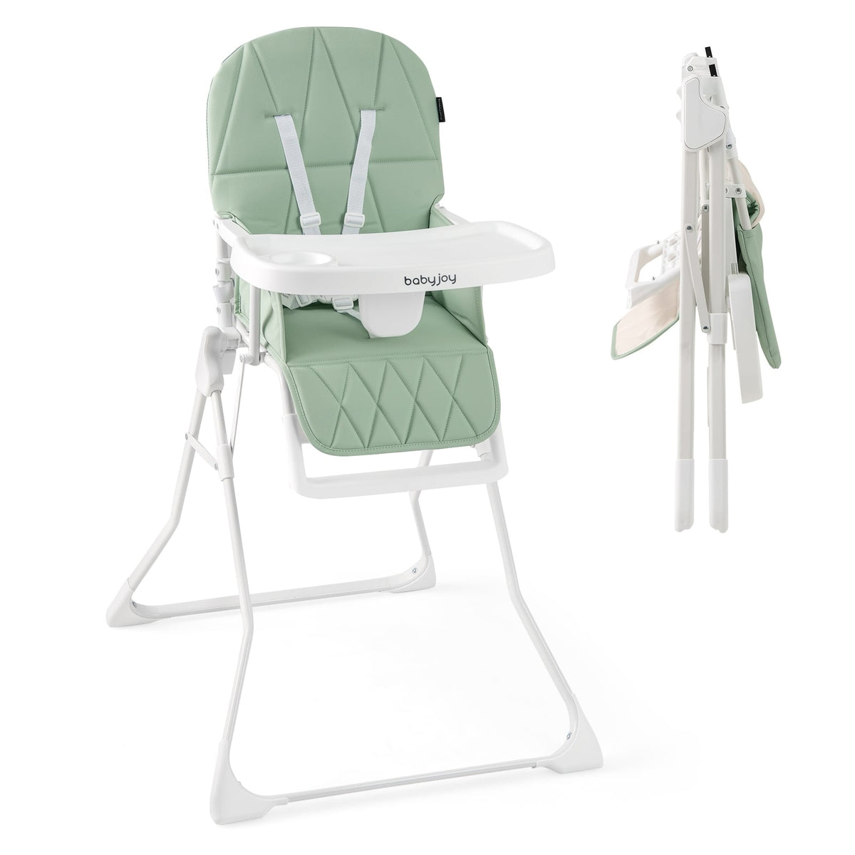 Easy Clean Compact Highchair with Removable Adjustable Tray and PU Seat Cushion-Green-High Chairs-DECOROLALA