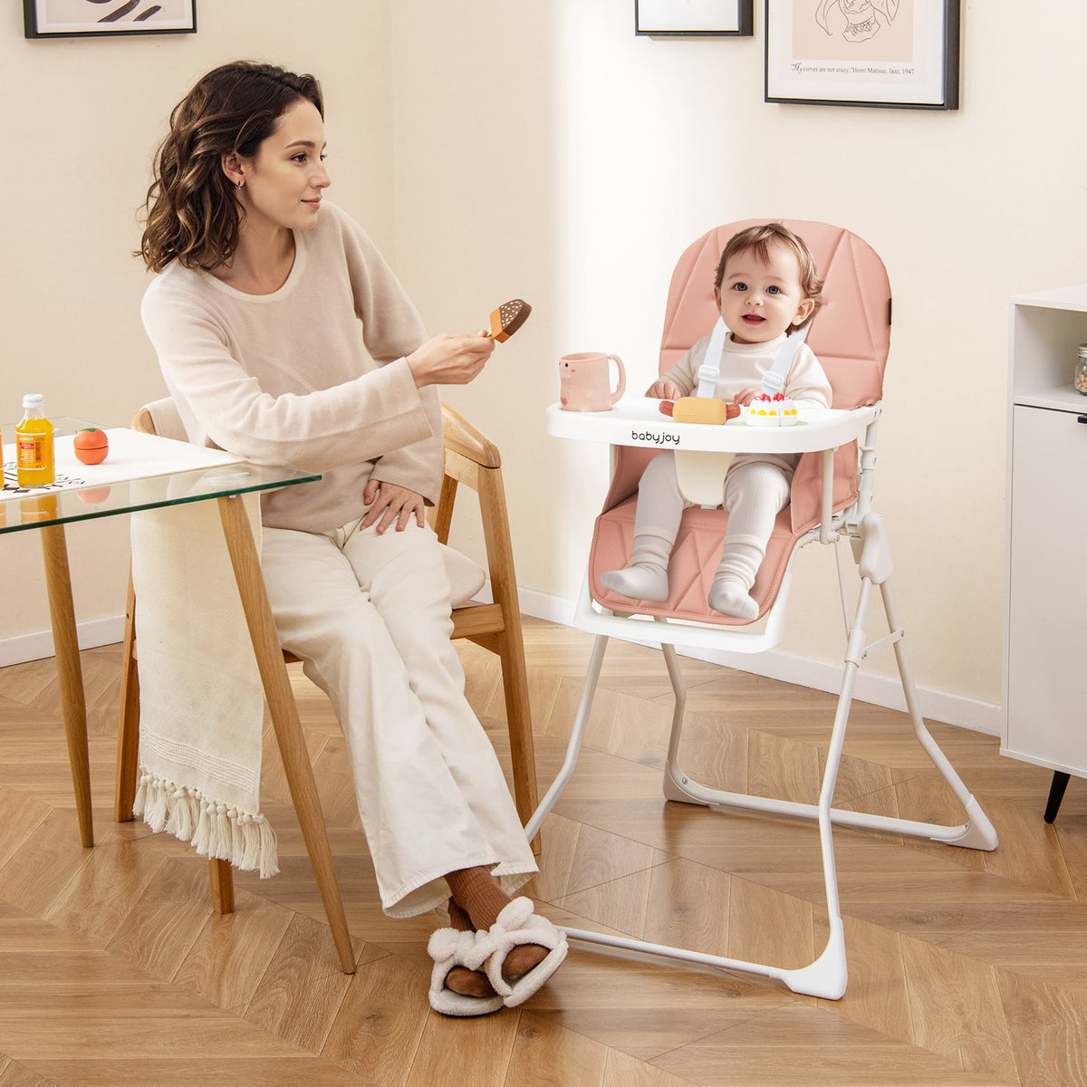 Easy Clean Compact Highchair with Removable Adjustable Tray and PU Seat Cushion-Pink-High Chairs-DECOROLALA