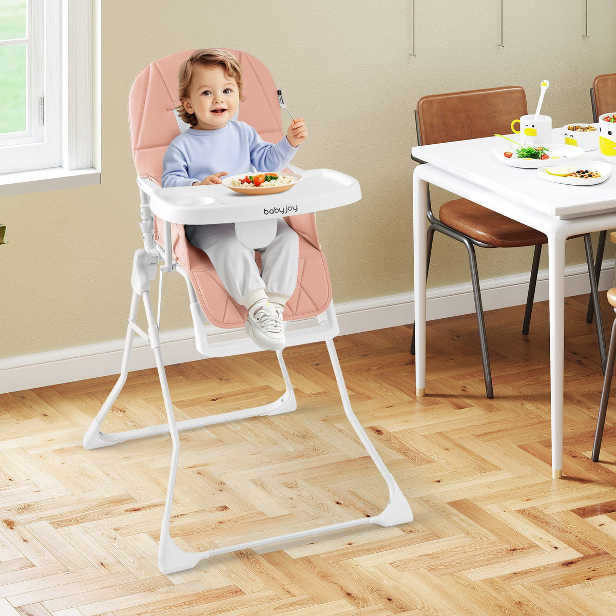 Easy Clean Compact Highchair with Removable Adjustable Tray and PU Seat Cushion-Pink-High Chairs-DECOROLALA