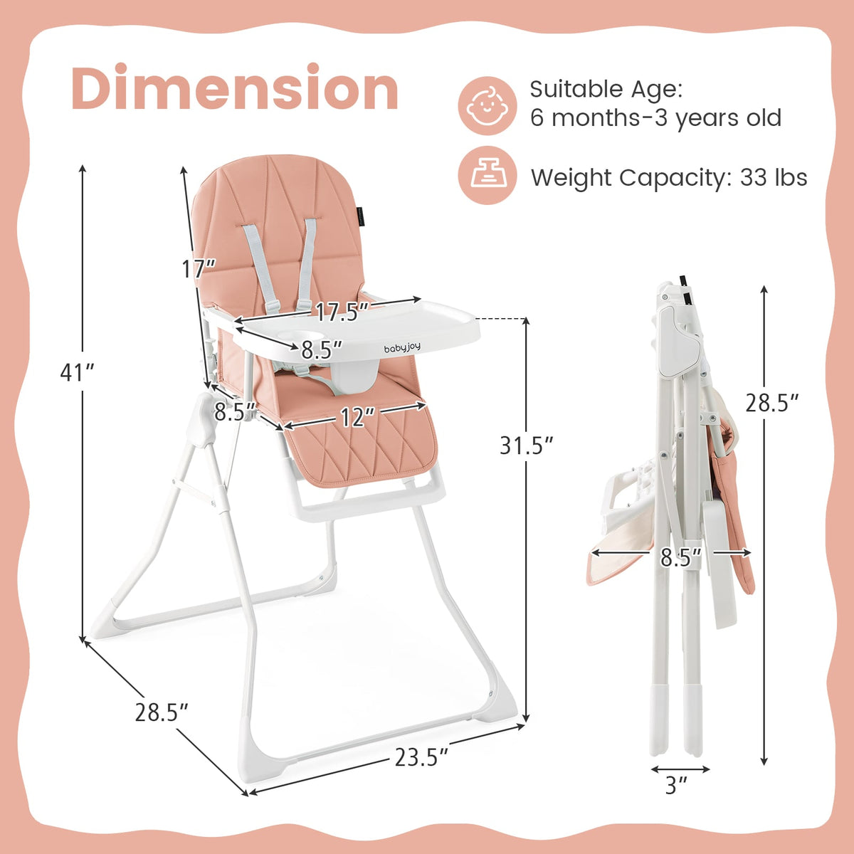 Easy Clean Compact Highchair with Removable Adjustable Tray and PU Seat Cushion-Pink-High Chairs-DECOROLALA
