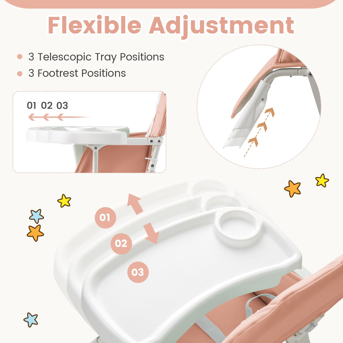 Easy Clean Compact Highchair with Removable Adjustable Tray and PU Seat Cushion-Pink-High Chairs-DECOROLALA