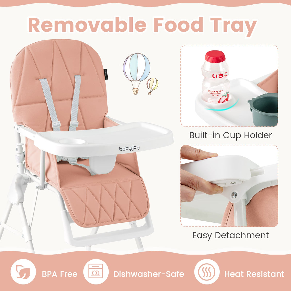 Easy Clean Compact Highchair with Removable Adjustable Tray and PU Seat Cushion-Pink-High Chairs-DECOROLALA