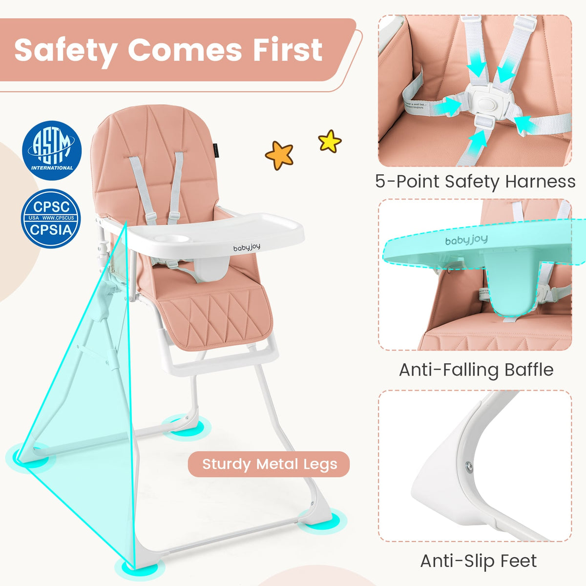 Easy Clean Compact Highchair with Removable Adjustable Tray and PU Seat Cushion-Pink-High Chairs-DECOROLALA