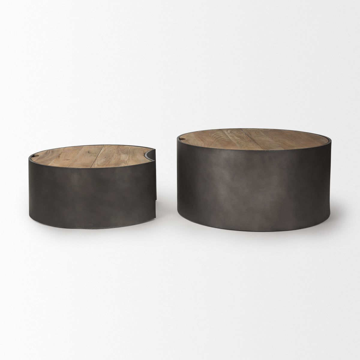Eclipse Antique Brass Metal Drum Base w/ Dark Brown Wood Top Nested Coffee Table-Coffee Tables-DECOROLALA
