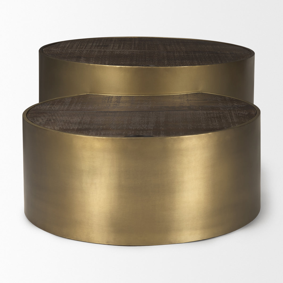 Eclipse Antique Brass Metal Drum Base w/ Dark Brown Wood Top Nested Coffee Table-Coffee Tables-DECOROLALA
