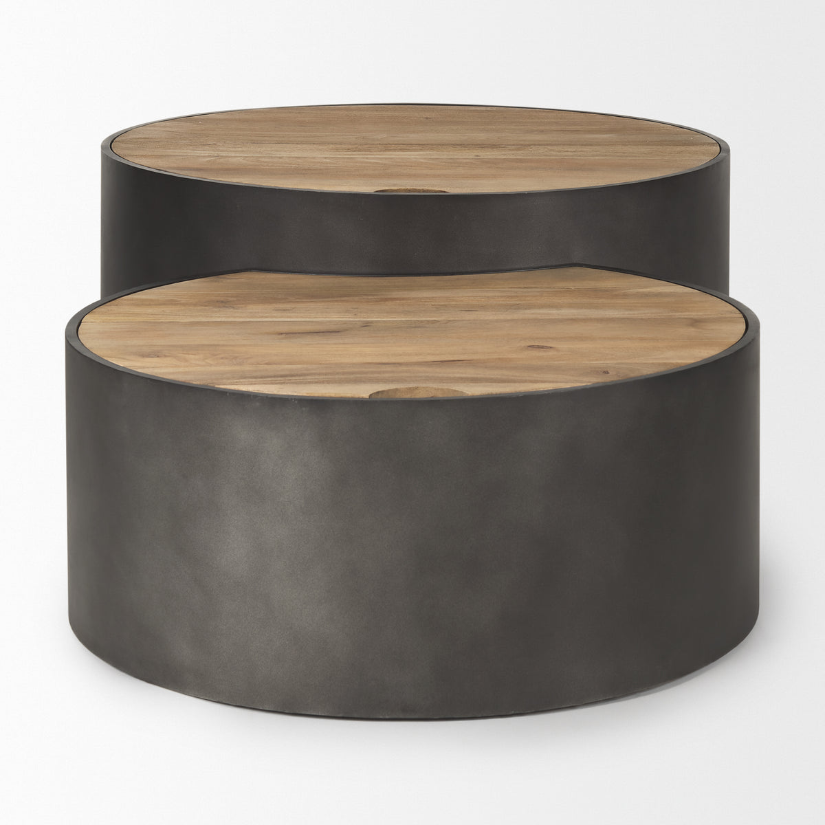 Eclipse Antique Brass Metal Drum Base w/ Dark Brown Wood Top Nested Coffee Table-Coffee Tables-DECOROLALA