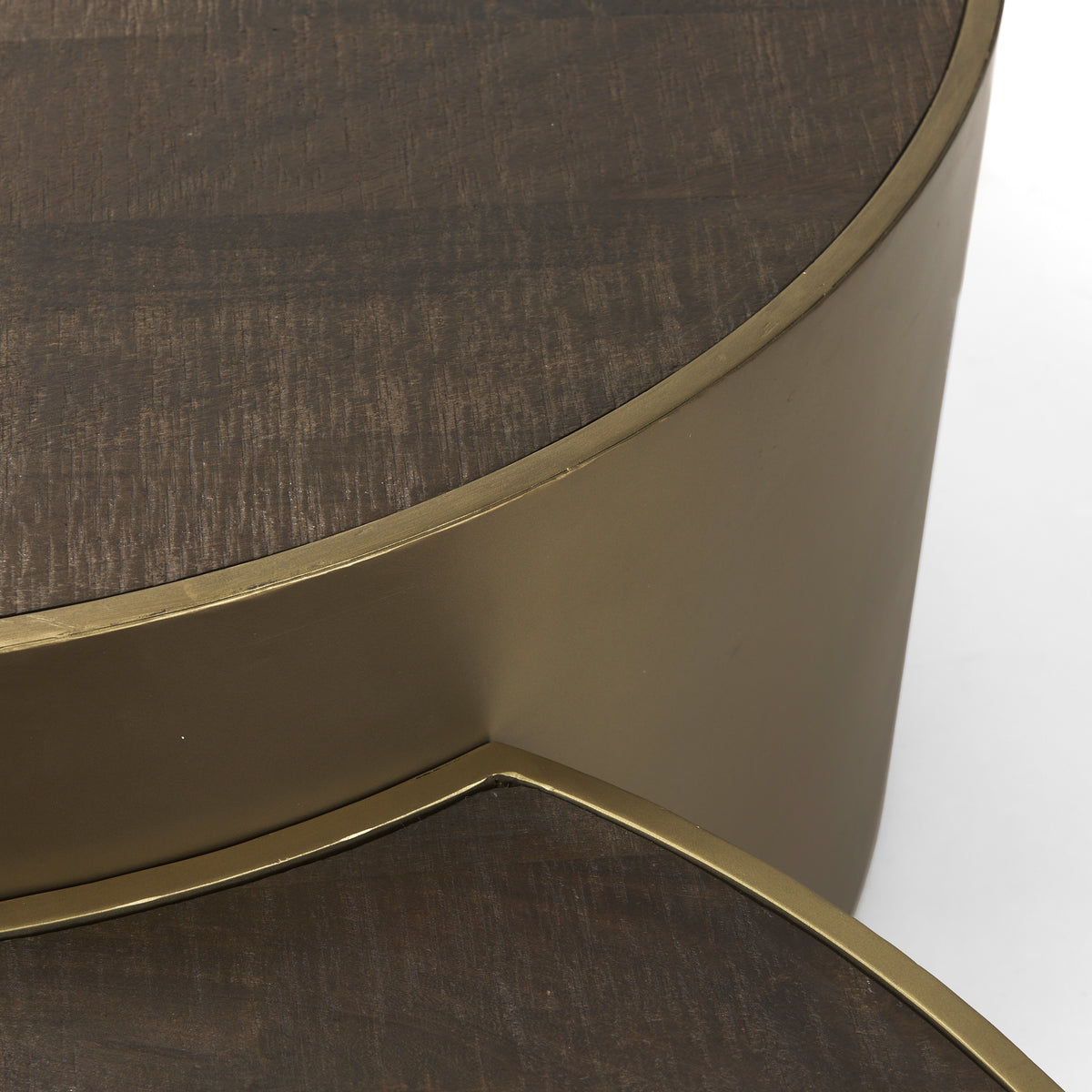 Eclipse Antique Brass Metal Drum Base w/ Dark Brown Wood Top Nested Coffee Table-Coffee Tables-DECOROLALA