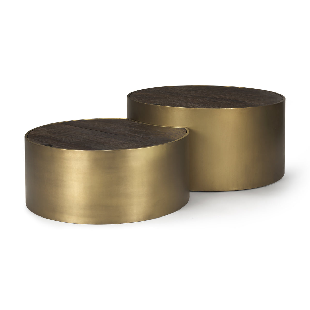 Eclipse Antique Brass Metal Drum Base w/ Dark Brown Wood Top Nested Coffee Table-Coffee Tables-DECOROLALA