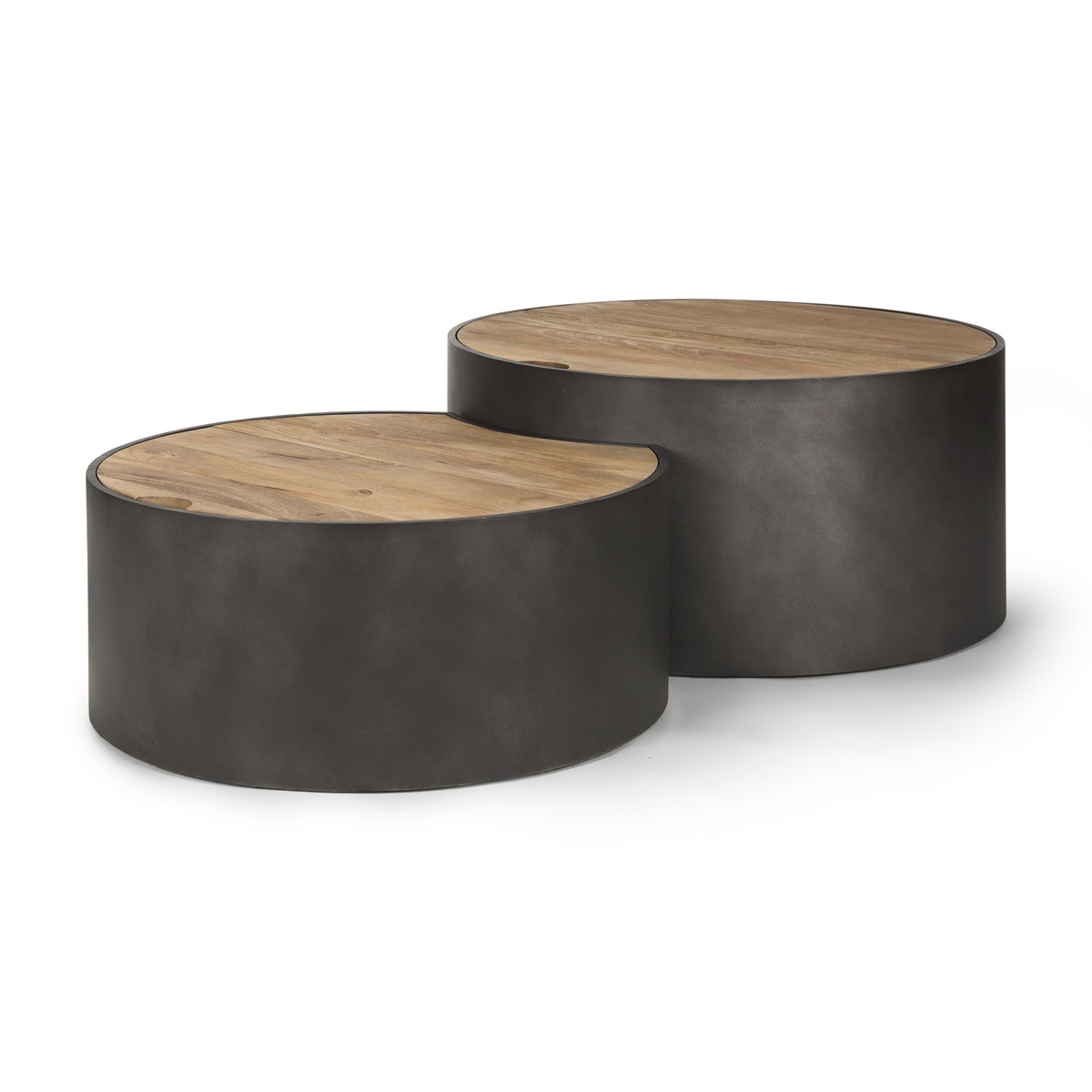 Eclipse Antique Brass Metal Drum Base w/ Dark Brown Wood Top Nested Coffee Table-Coffee Tables-DECOROLALA