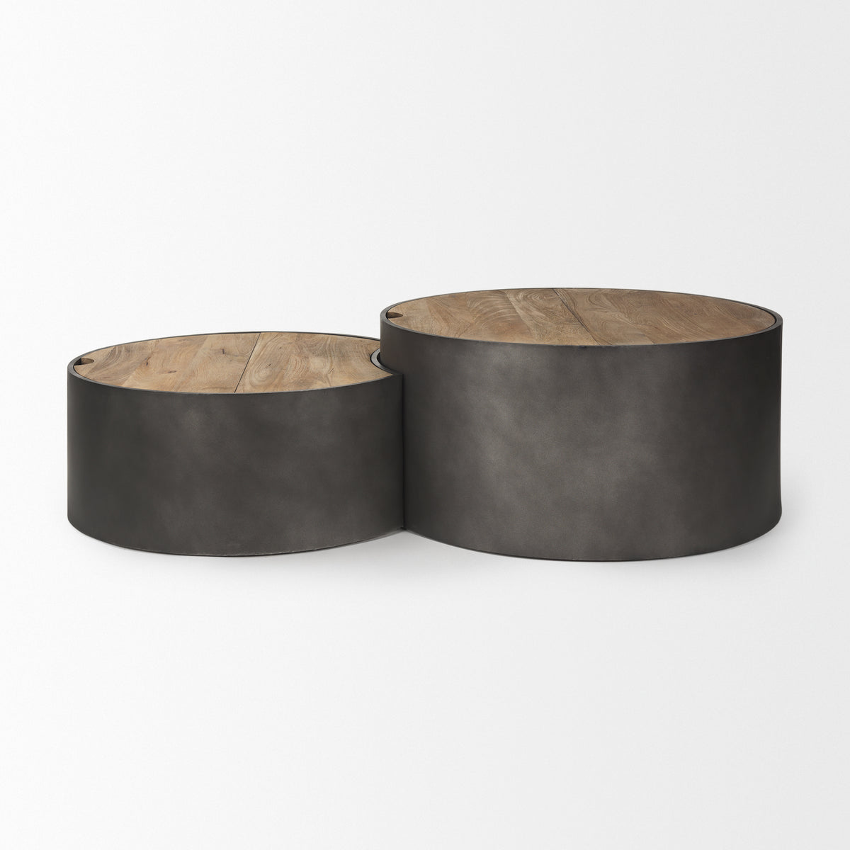 Eclipse Antique Brass Metal Drum Base w/ Dark Brown Wood Top Nested Coffee Table-Coffee Tables-DECOROLALA