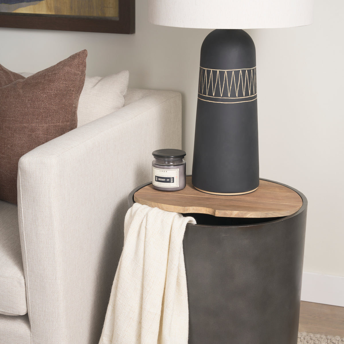 Eclipse Gunmetal Drum Base w/ Brown Wood Top End/Side Table-End and Side Tables-DECOROLALA