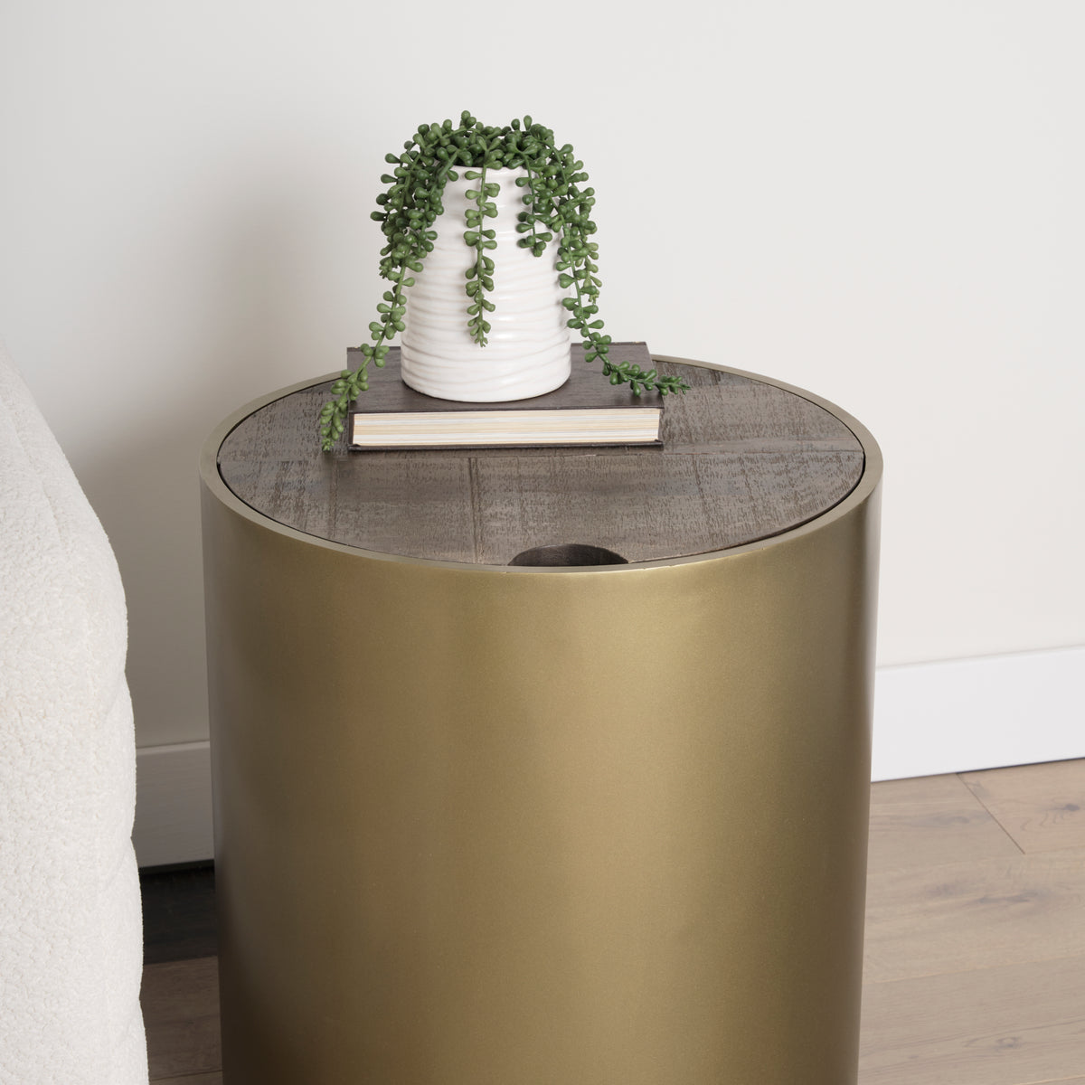 Eclipse Gunmetal Drum Base w/ Brown Wood Top End/Side Table-End and Side Tables-DECOROLALA