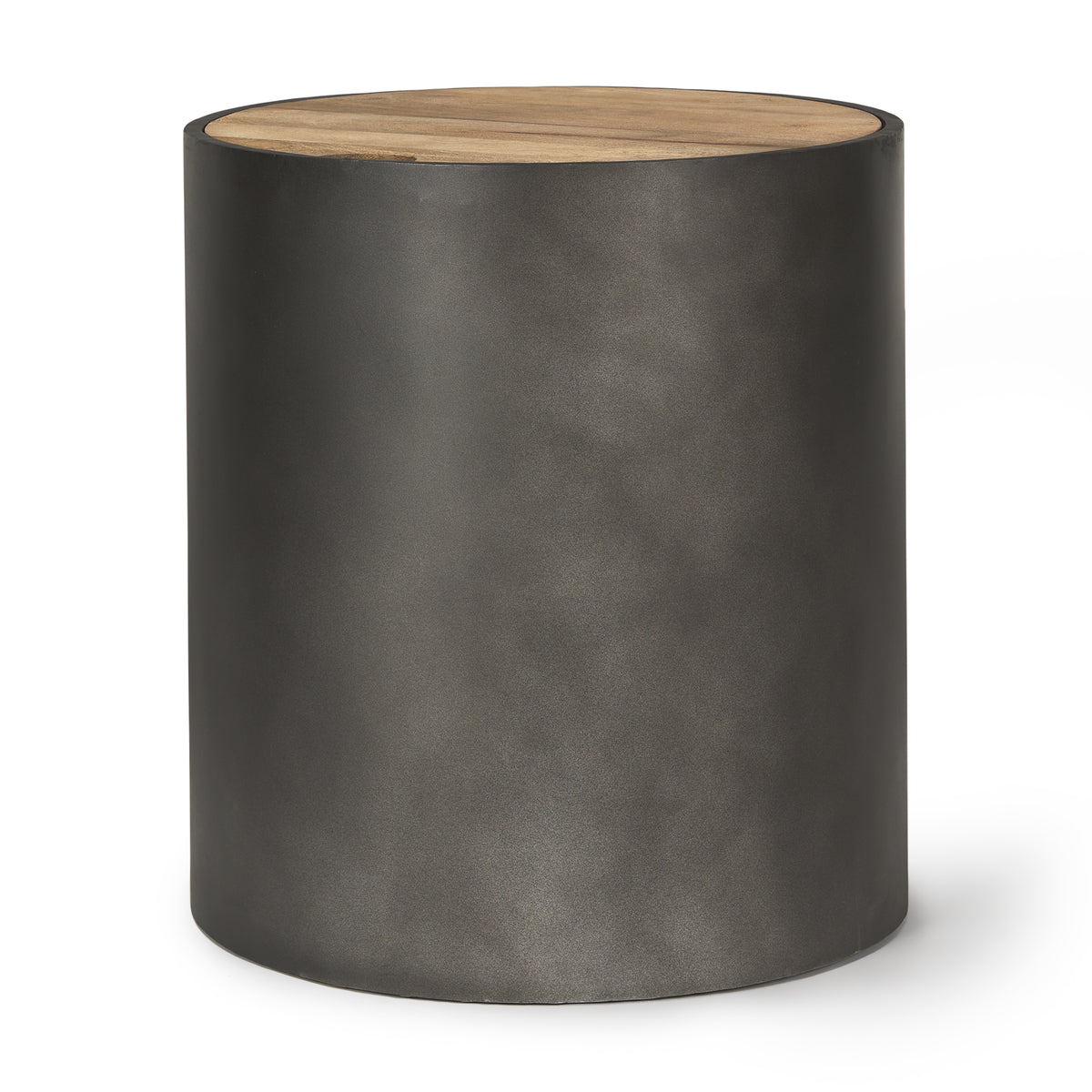 Eclipse Gunmetal Drum Base w/ Brown Wood Top End/Side Table-End and Side Tables-DECOROLALA