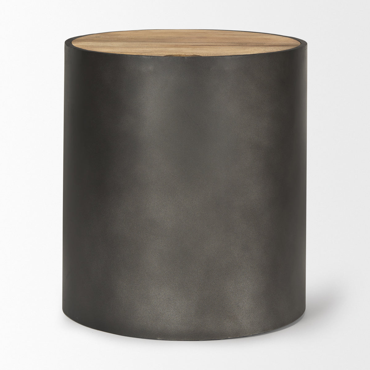 Eclipse Gunmetal Drum Base w/ Brown Wood Top End/Side Table-End and Side Tables-DECOROLALA