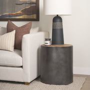 Eclipse Gunmetal Drum Base w/ Brown Wood Top End/Side Table-End and Side Tables-DECOROLALA