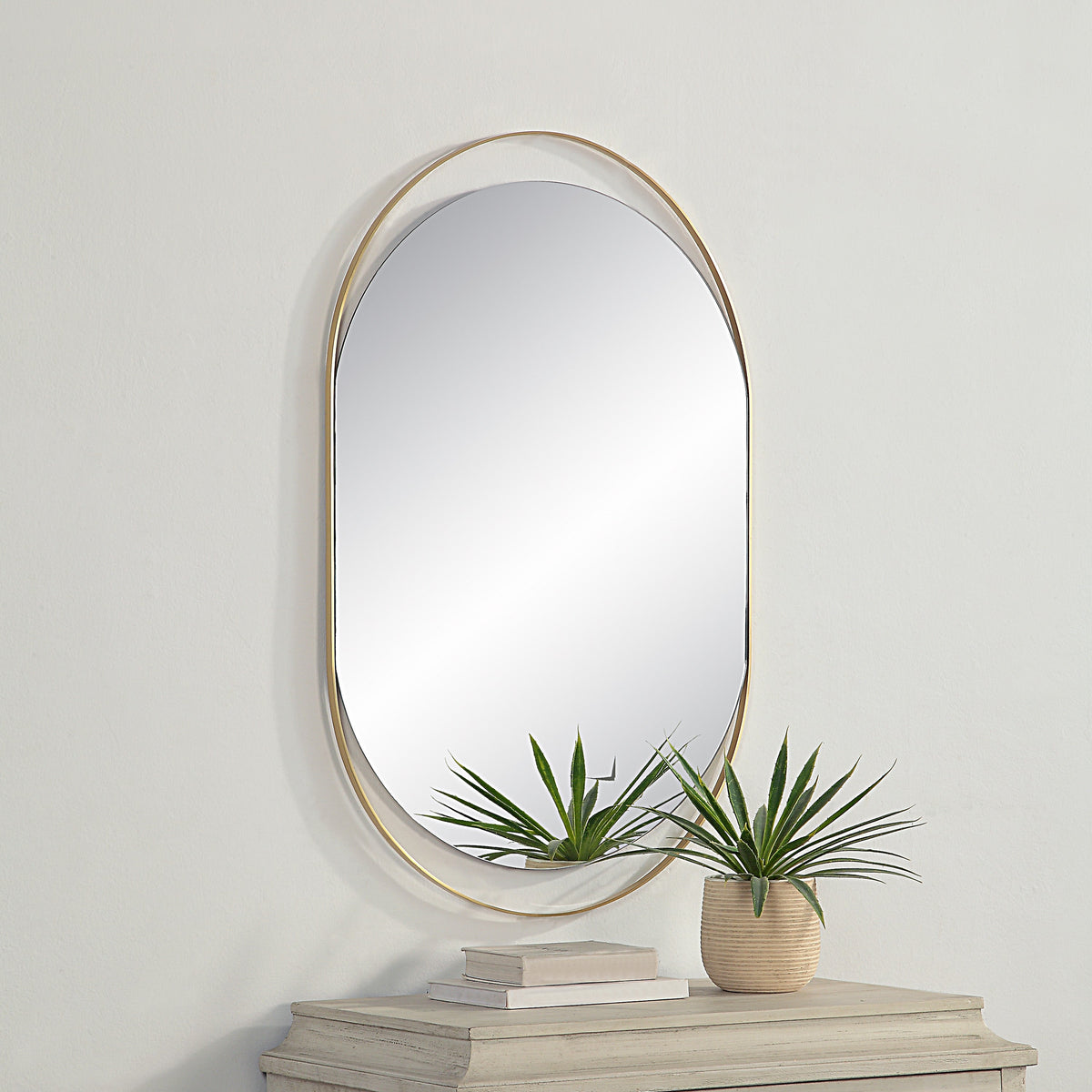 Ecru 40" Tall Pill Oval Mirror, Satin Brass-Mirrors-DECOROLALA
